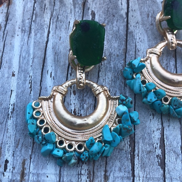 FREE when bundled! Boho Turquoise Gold Statement Earrings! - Picture 2 of 4